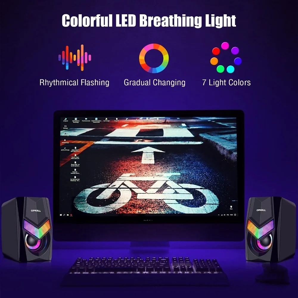 OPKALL Mini Colorful LED Light Computer Speaker, USB, 3.5mm Cable